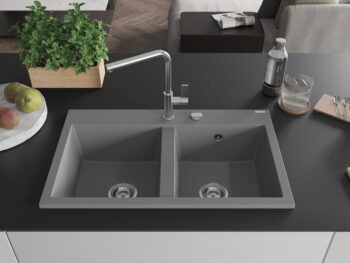 MEXEN MEXEN - Hektor granitový drez 2-bowl 800 x 480 mm, sivá, sifón chróm 6521802000-71