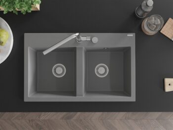 MEXEN MEXEN - Hektor granitový drez 2-bowl 800 x 480 mm, sivá, sifón chróm 6521802000-71
