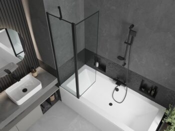 MEXEN/S - Cube obdĺžniková vaňa 170 x 80 cm s panelom + vaňová zástena 100, čierna vzor 550517080X9410117070