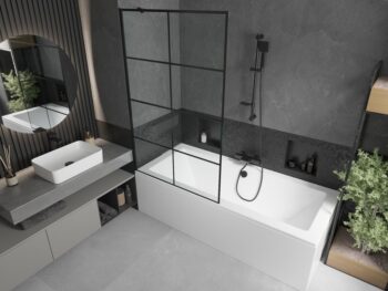 MEXEN/S - Cube obdĺžniková vaňa 170 x 80 cm s panelom + vaňová zástena 100, čierna vzor 550517080X9510007077