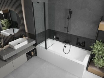 MEXEN/S - Cube obdĺžniková vaňa 170 x 80 cm s panelom + vaňová zástena 100, transparent, čierna 550517080X9410117000