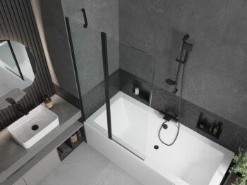 MEXEN/S - Cube obdĺžniková vaňa 170 x 80 cm s panelom + vaňová zástena 100, transparent, čierna 550517080X9410117000
