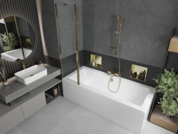 MEXEN/S - Cube obdĺžniková vaňa 180 x 80 cm s panelom + vaňová zástena 100, transparent, zlatá 550518080X9410115000