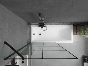 MEXEN/S - Cubik obdĺžniková vaňa 150 x 70 cm s panelom + vaňová zástena 100, čierna vzor 550315070X9510007077