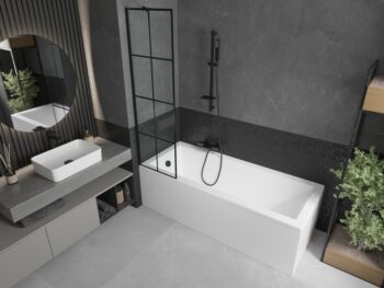 MEXEN/S - Cubik obdĺžniková vaňa 150 x 70 cm s panelom + vaňová zástena 50, čierna vzor 550315070X9505007077