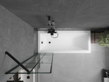 MEXEN/S - Cubik obdĺžniková vaňa 150 x 70 cm s panelom + vaňová zástena 50, čierna vzor 550315070X9505007077