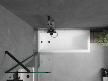 MEXEN/S - Cubik obdĺžniková vaňa 150 x 70 cm s panelom + vaňová zástena 50, transparent, čierna 550315070X9505000070