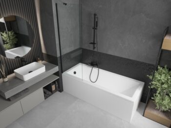 MEXEN/S - Cubik obdĺžniková vaňa 150 x 70 cm s panelom + vaňová zástena 60, transparent, čierna 550315070X9506000070