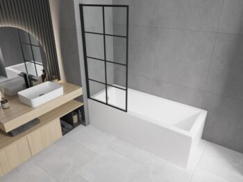 MEXEN/S - Cubik obdĺžniková vaňa 150 x 70 cm s panelom + vaňová zástena 70, čierna vzor 550315070X9307017077