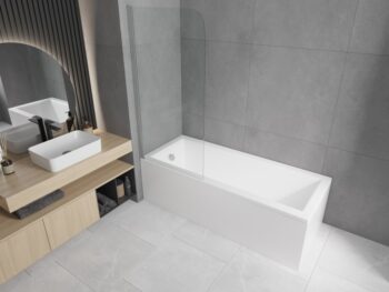 MEXEN/S - Cubik obdĺžniková vaňa 150 x 70 cm s panelom + vaňová zástena 75, transparent, chróm 550315070X9007510100