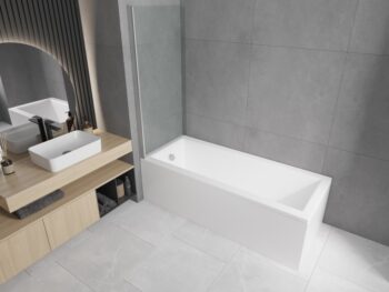MEXEN/S - Cubik obdĺžniková vaňa 150 x 70 cm s panelom + vaňová zástena 75, transparent, chróm 550315070X9007510100