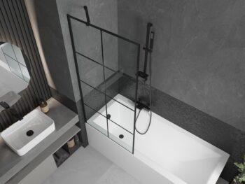 MEXEN/S - Cubik obdĺžniková vaňa 150 x 70 cm s panelom + vaňová zástena 80, čierna vzor 550315070X9508007077