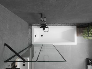 MEXEN/S - Cubik obdĺžniková vaňa 150 x 70 cm s panelom + vaňová zástena 80, čierna vzor 550315070X9508007077