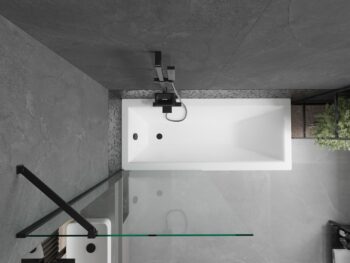 MEXEN/S - Cubik obdĺžniková vaňa 150 x 70 cm s panelom + vaňová zástena 80, transparent, čierna 550315070X9508000070