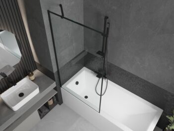 MEXEN/S - Cubik obdĺžniková vaňa 150 x 70 cm s panelom + vaňová zástena 90, čierna vzor 550315070X9509007070