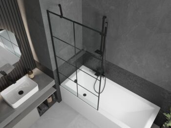 MEXEN/S - Cubik obdĺžniková vaňa 150 x 70 cm s panelom + vaňová zástena 90, čierna vzor 550315070X9509007077