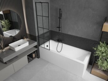 MEXEN/S - Cubik obdĺžniková vaňa 160 x 70 cm s panelom + vaňová zástena 50, čierna vzor 550316070X9505007077