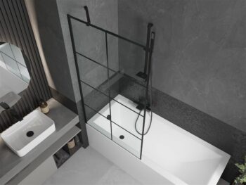 MEXEN/S - Cubik obdĺžniková vaňa 160 x 70 cm s panelom + vaňová zástena 90, čierna vzor 550316070X9509007077