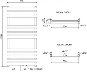 MEXEN/S - Jowisz radiátor + vykurovacia tyč 1200 x 600 mm, 600 W, čierna W107-1200-600-2600-70