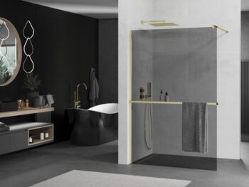 MEXEN/S - KIOTO Sprchová zástena WALK-IN s poličkou a držiakom uterákov 100 x 200, grafit 8 mm, zlatá 800-100-121-50-40