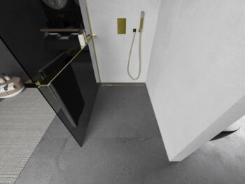 MEXEN/S - KIOTO Sprchová zástena WALK-IN s poličkou a držiakom uterákov 100 x 200, grafit 8 mm, zlatá 800-100-121-50-40