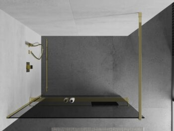 MEXEN/S - KIOTO Sprchová zástena WALK-IN s poličkou a držiakom uterákov 100 x 200, grafit 8 mm, zlatá 800-100-121-50-40