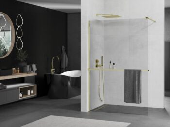 MEXEN/S - KIOTO Sprchová zástena WALK-IN s poličkou a držiakom uterákov 110 x 200, transparent 8 mm, zlatá 800-110-121-50-00