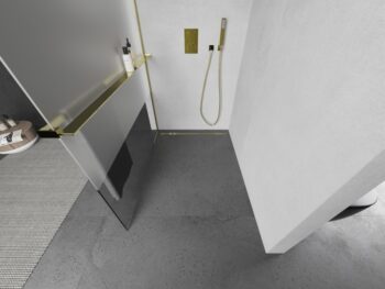 MEXEN/S - KIOTO Sprchová zástena WALK-IN s poličkou a držiakom uterákov 110 x 200, transparent 8 mm, zlatá 800-110-121-50-35