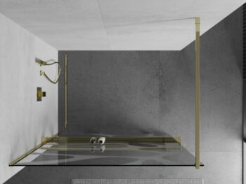 MEXEN/S - KIOTO Sprchová zástena WALK-IN s poličkou a držiakom uterákov 110 x 200, transparent/bialy vzór 8 mm, zlatá 800-110-121-50-97