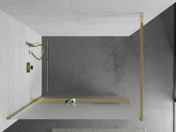 MEXEN/S - KIOTO Sprchová zástena WALK-IN s poličkou a držiakom uterákov 120 x 200, matné sklo 8 mm, zlatá 800-120-121-50-30