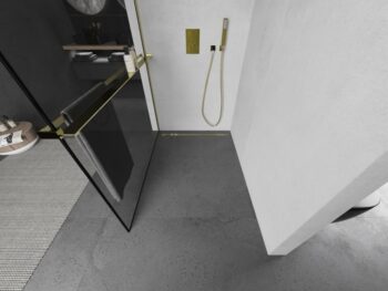 MEXEN/S - KIOTO Sprchová zástena WALK-IN s poličkou a držiakom uterákov 120 x 200, transparent/čierna 8 mm, zlatá 800-120-121-50-70