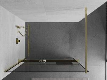 MEXEN/S - KIOTO Sprchová zástena WALK-IN s poličkou a držiakom uterákov 120 x 200, transparent/čierna 8 mm, zlatá 800-120-121-50-70