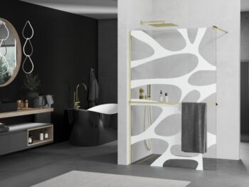 MEXEN/S - KIOTO Sprchová zástena WALK-IN s poličkou a držiakom uterákov 70 x 200, transparent/bialy vzór 8 mm, zlatá 800-070-121-50-97