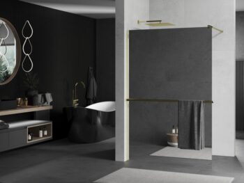 MEXEN/S - KIOTO Sprchová zástena WALK-IN s poličkou a držiakom uterákov 70 x 200, zrkadlové 8 mm, zlatá 800-070-121-50-50