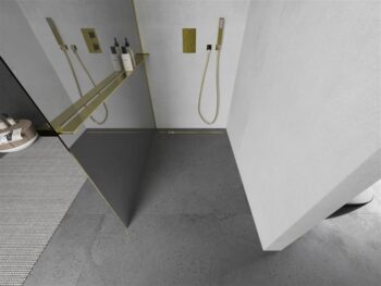 MEXEN/S - KIOTO Sprchová zástena WALK-IN s poličkou a držiakom uterákov 70 x 200, zrkadlové 8 mm, zlatá 800-070-121-50-50