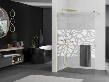 MEXEN/S - KIOTO Sprchová zástena WALK-IN s poličkou a držiakom uterákov 80 x 200, transparent/bialy vzór 8 mm, zlatá 800-080-121-50-85