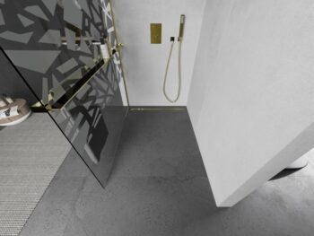 MEXEN/S - KIOTO Sprchová zástena WALK-IN s poličkou a držiakom uterákov 80 x 200, transparent/bialy vzór 8 mm, zlatá 800-080-121-50-85