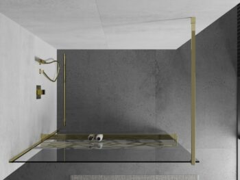 MEXEN/S - KIOTO Sprchová zástena WALK-IN s poličkou a držiakom uterákov 80 x 200, transparent/bialy vzór 8 mm, zlatá 800-080-121-50-85