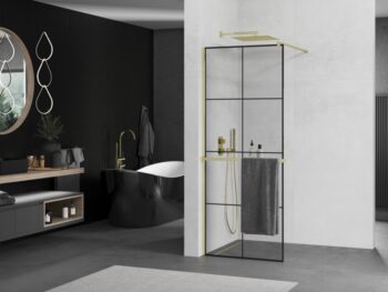 MEXEN/S - KIOTO Sprchová zástena WALK-IN s poličkou a držiakom uterákov 80 x 200, transparent/čierna 8 mm, zlatá 800-080-121-50-77