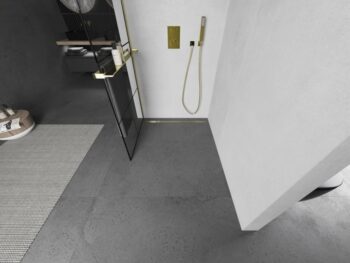 MEXEN/S - KIOTO Sprchová zástena WALK-IN s poličkou a držiakom uterákov 80 x 200, transparent/čierna 8 mm, zlatá 800-080-121-50-77