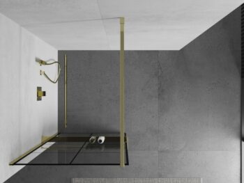 MEXEN/S - KIOTO Sprchová zástena WALK-IN s poličkou a držiakom uterákov 80 x 200, transparent/čierna 8 mm, zlatá 800-080-121-50-77