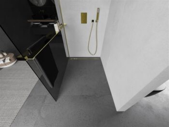 MEXEN/S - KIOTO Sprchová zástena WALK-IN s poličkou a držiakom uterákov 90 x 200, grafit 8 mm, zlatá 800-090-121-50-40
