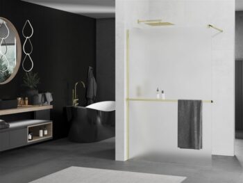MEXEN/S - KIOTO Sprchová zástena WALK-IN s poličkou a držiakom uterákov 90 x 200, matné sklo 8 mm, zlatá 800-090-121-50-30