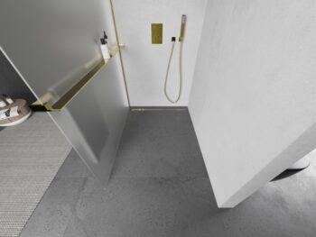 MEXEN/S - KIOTO Sprchová zástena WALK-IN s poličkou a držiakom uterákov 90 x 200, matné sklo 8 mm, zlatá 800-090-121-50-30