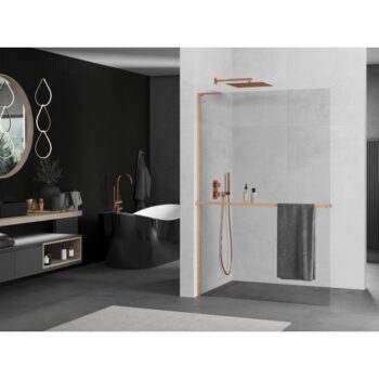MEXEN/S - Kioto+ L Sprchová zástena WALK-IN s poličkou a držiakom uterákov 100 x 200, transparent, meď kartáčovaná 800-100-123-65-00