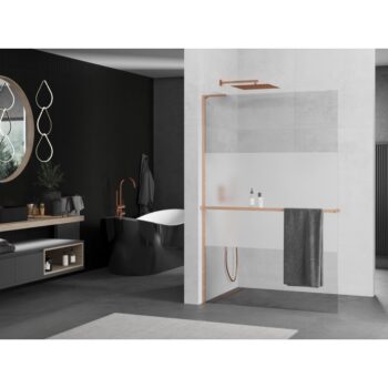 MEXEN/S - Kioto+ L Sprchová zástena WALK-IN s poličkou a držiakom uterákov 120 x 200, transparent/dekor, meď kartáčovaná 800-120-123-65-35