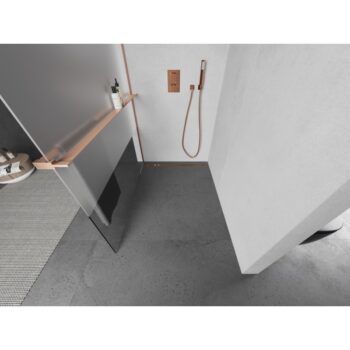 MEXEN/S - Kioto+ L Sprchová zástena WALK-IN s poličkou a držiakom uterákov 120 x 200, transparent/dekor, meď kartáčovaná 800-120-123-65-35