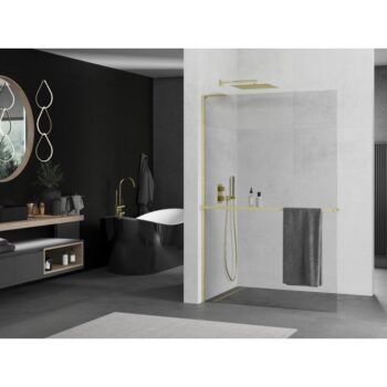 MEXEN/S - Kioto+ L Sprchová zástena WALK-IN s poličkou a držiakom uterákov 60 x 200, transparent, zlatá kartáčovaná 800-060-123-55-00