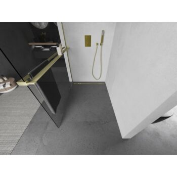 MEXEN/S - Kioto+ L Sprchová zástena WALK-IN s poličkou a držiakom uterákov 60 x 200, transparent, zlatá kartáčovaná 800-060-123-55-00