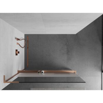 MEXEN/S - Kioto+ L Sprchová zástena WALK-IN s poličkou a držiakom uterákov 70 x 200, transparent/dekor, meď kartáčovaná 800-070-123-65-35